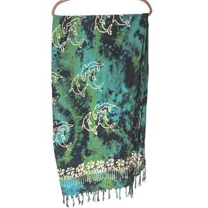 Koko Knot Green Blue Tie Dye Dolphin Sarong Wrap Beach Cover Up 69x43 Rayon